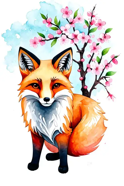 Fox With Cherry Blossom Tree