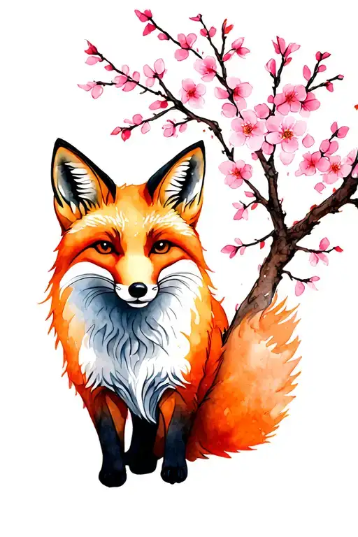 Fox With Cherry Blossom Tree