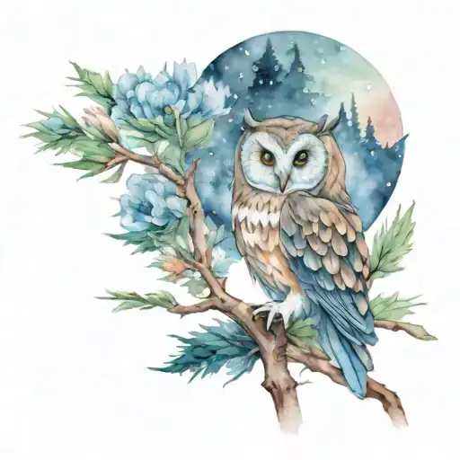 Owl And Full Moon Surrounded By Dahlias And Douglas Firs