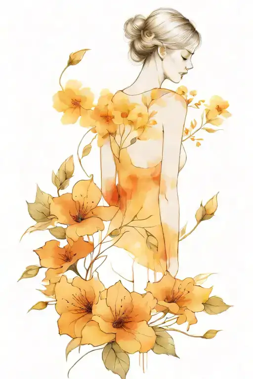 Line Drawing Of Woman With Flowers And Nature Blossoming From Her