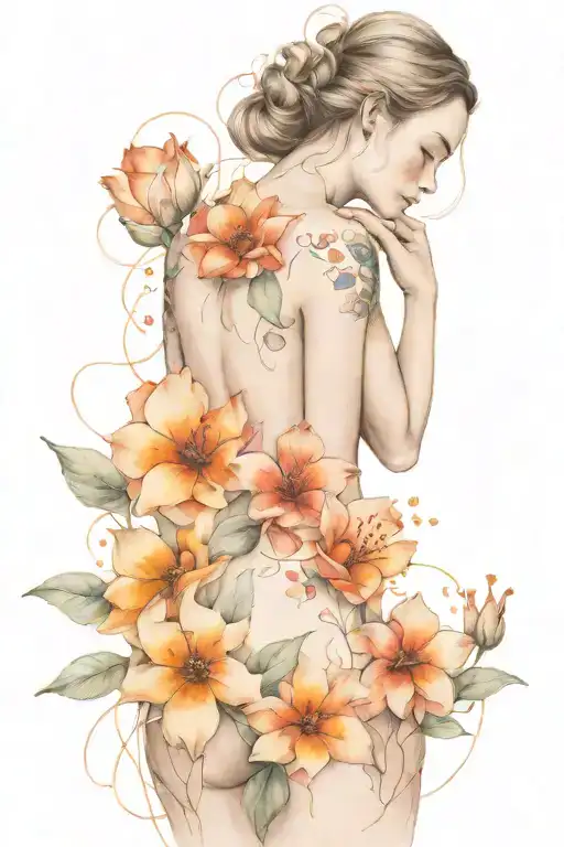 Line Drawing Of Woman With Colourful Flowers And Nature Blossoming From Her