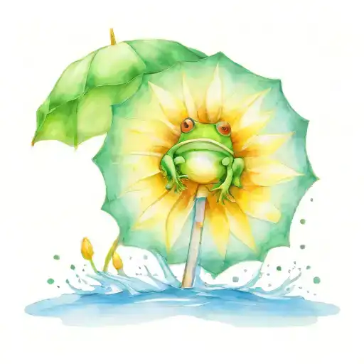 Frog Flying On A Parasol Made Of A Sunflower