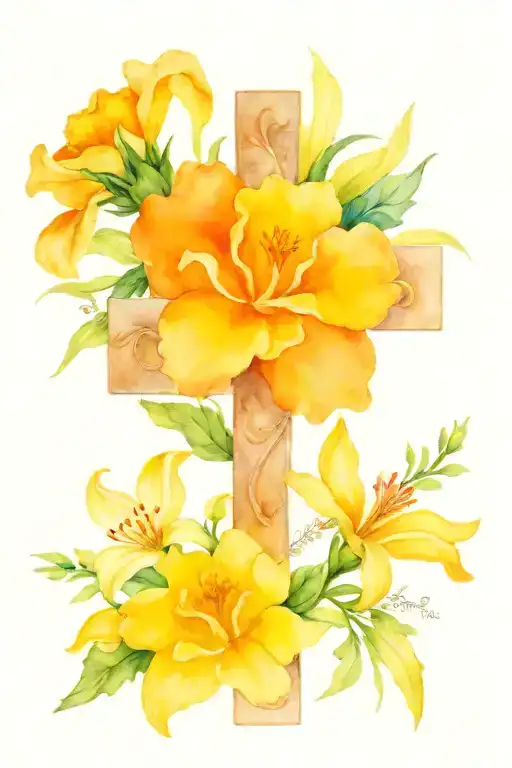 Cross With 2 Marigolds 1 Rose And 1 Daffodil