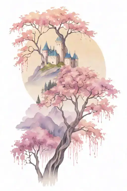 Willow Tree With Castle Overlooking Mountains