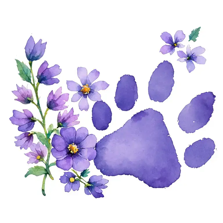 Violet And Primrose Flowers With Dog Paw Print