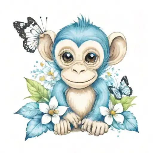 Cute Cartoon Style Monkey And White Butterflies Surrounding