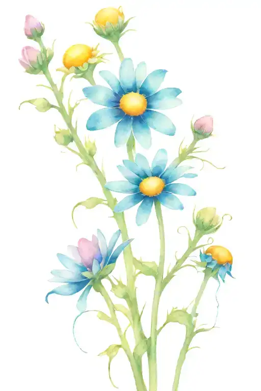 Colourful Daisy Flowers And Daisy Buds All Growing On A Thorny Vine