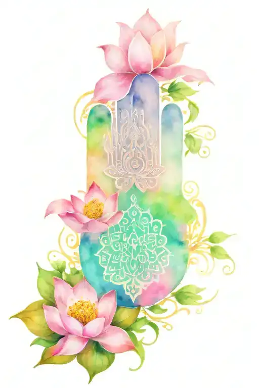 Hamsa Tattoo With Green Eye In Center And Pink Lotus Blossom On Bottom