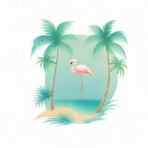 Beach With Pink Flamingo And Palm Tree