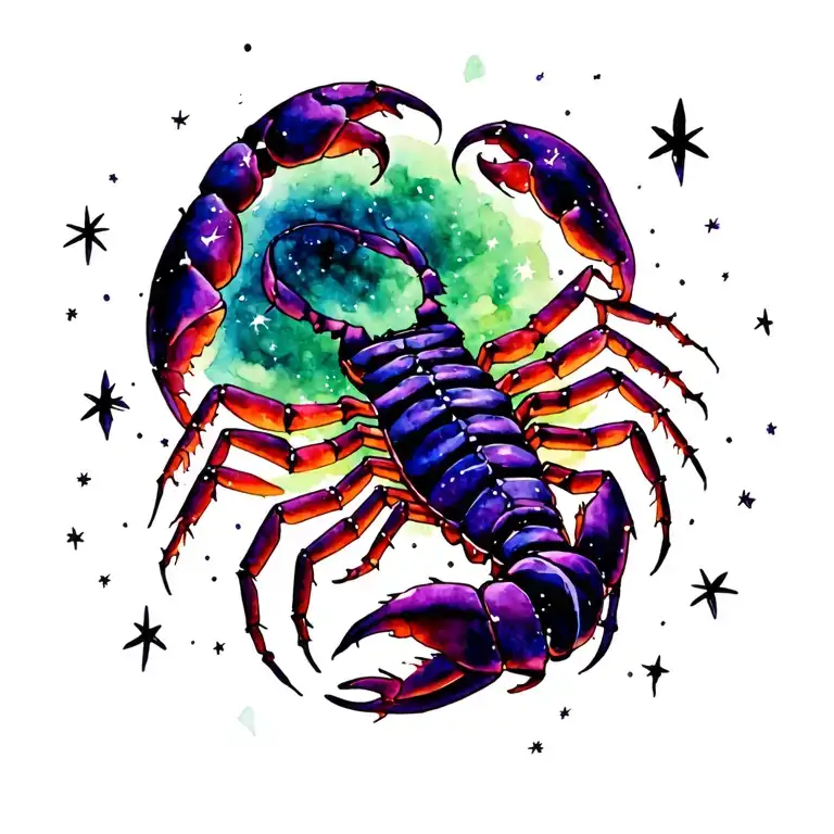 Scorpio In Space Surrounded With Star Purple And Green