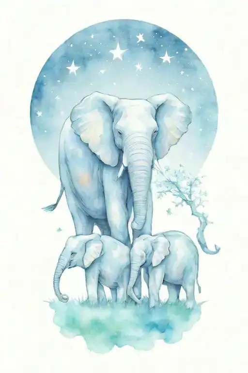 Mother Elephant And Two Kids Under The Moonlight And Stars
