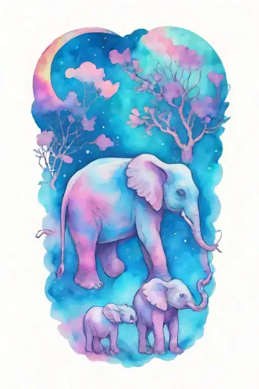 Mother Elephant And Two Kids Under The Night Sky And Full Moon