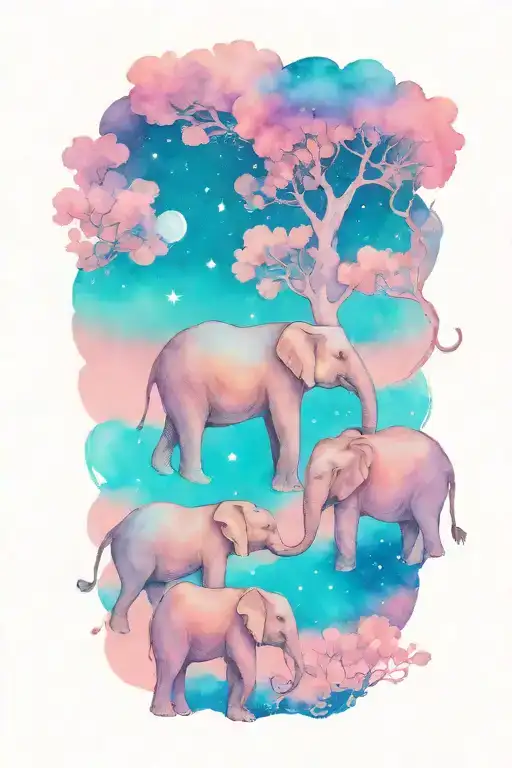 Mother Elephant And Two Kids Under The Night Sky And Full Moon