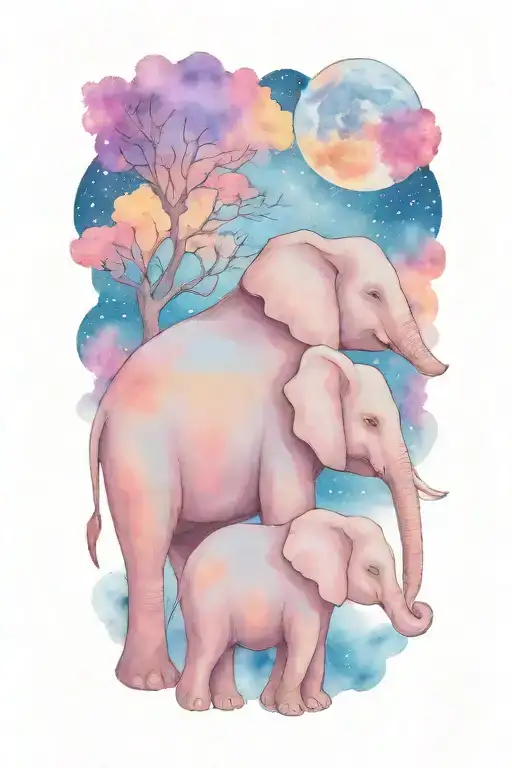 Mother Elephant And Two Kids Under The Night Sky And Full Moon