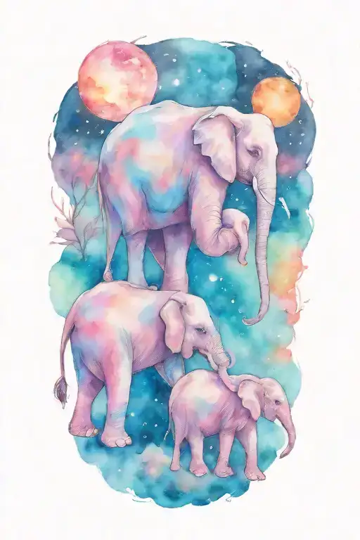 Mother Elephant And Two Kids Under The Night Sky And Full Moon