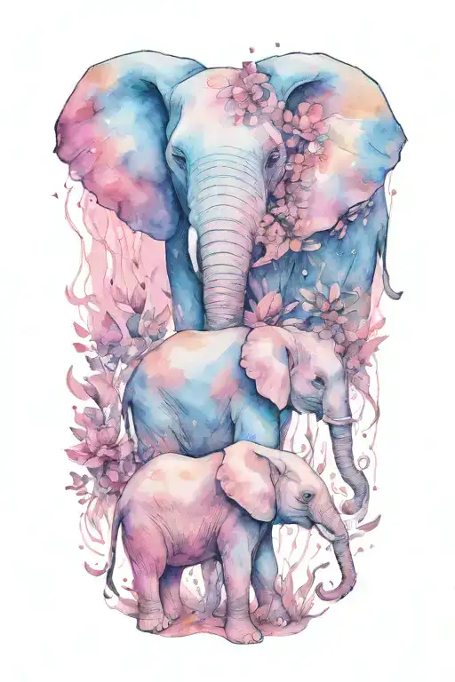 Mother Elephant And Two Kids Under The Night Scene