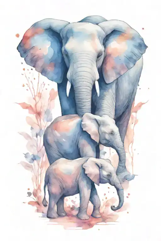 Mother Elephant And Two Kids Under The Night Scene