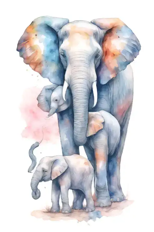 Mother Elephant And Two Kids Under The Night Scene