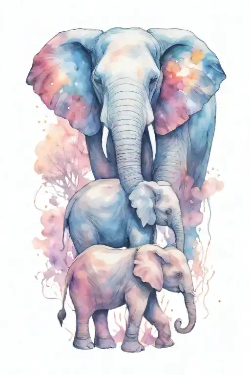 Mother Elephant And Two Kids Under The Night Scene