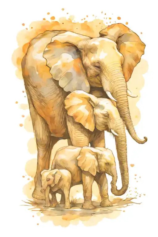 Mother Elephant With Her Two Children In The Moonlight