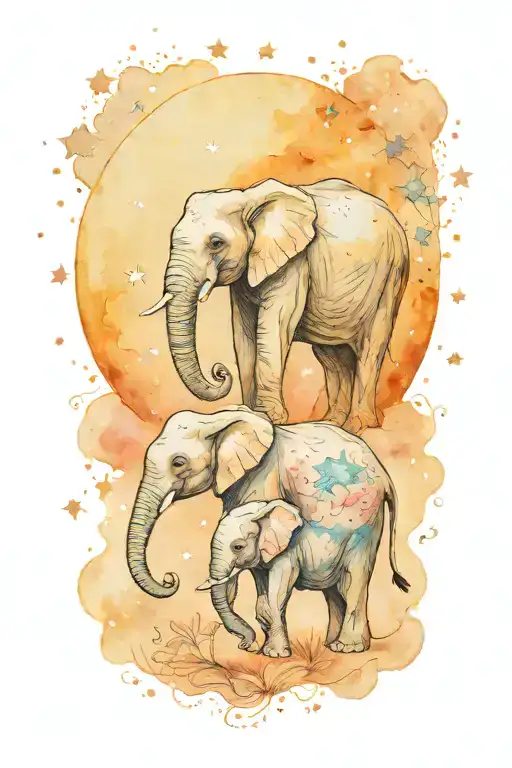 Mother Elephant With Her Two Children Large Moon In The Background And Stars In The Sky