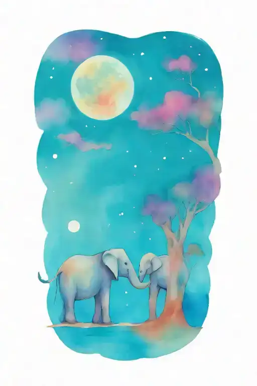 Elephant And Her Two Kids Under A Full Moon Night Time