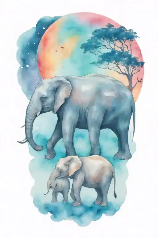 Elephant And Her Two Kids Under A Full Moon Night Time
