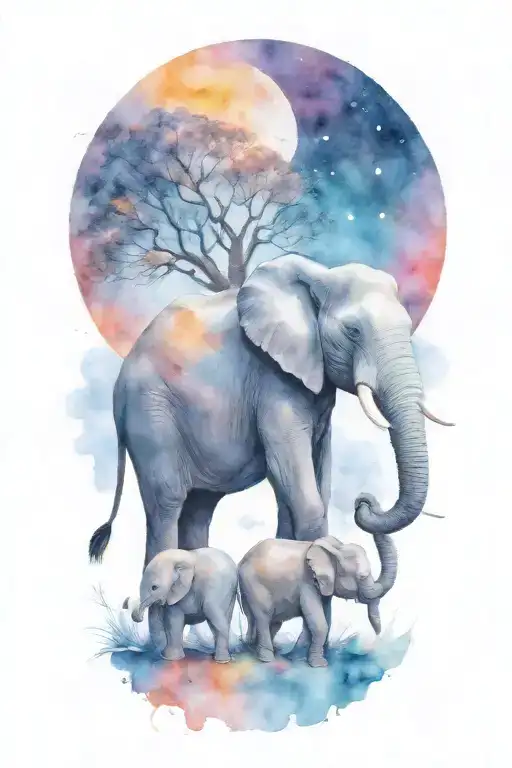 Elephant And Her Two Kids Under A Full Moon Night Time