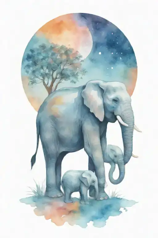 Elephant And Her Two Kids Under A Full Moon Night Time