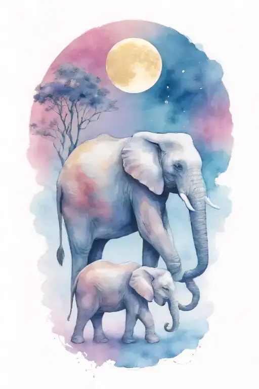 Elephant And Her Two Kids Under A Full Moon Night Time