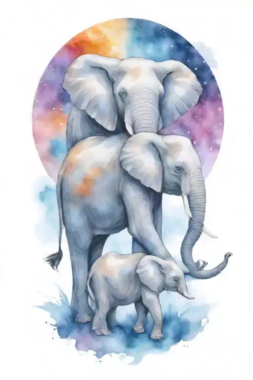 Elephant And Her Two Kids Under A Full Moon Night Time
