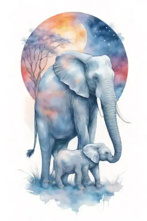 Elephant And Her Two Kids Under A Full Moon Night Time