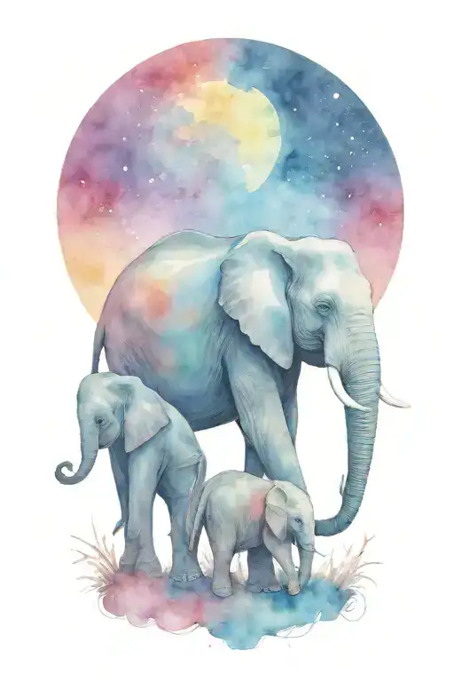 Elephant And Her Two Children With A Large Moon In The Background