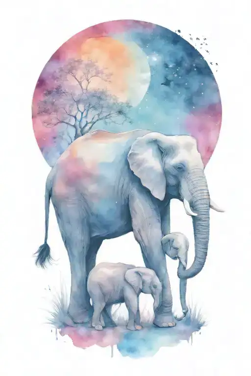 Elephant And Her Two Children With A Large Moon In The Background