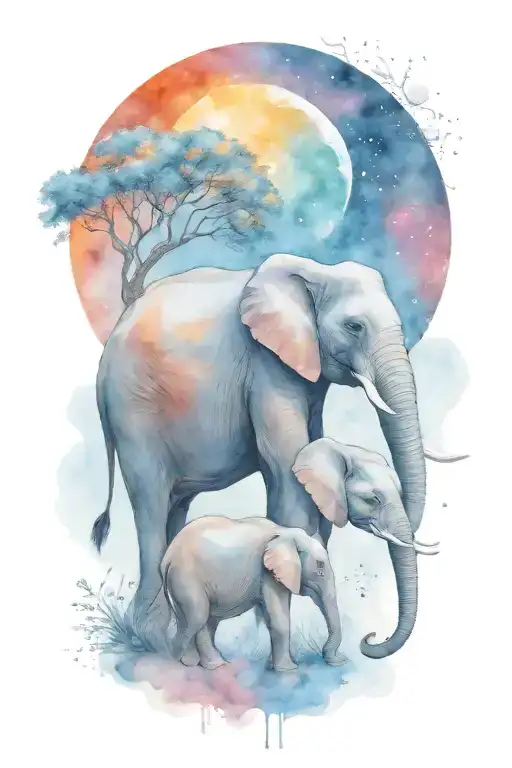 Elephant And Her Two Children With A Large Moon In The Background