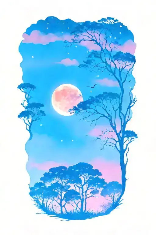 African Forestry With Large Full Moon And Trees In The Background
