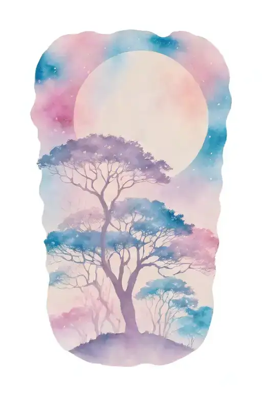 African Forestry With Large Full Moon And Trees In The Background