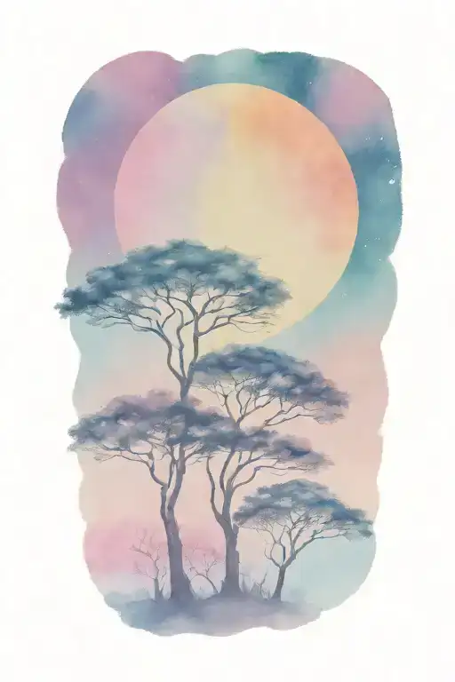 African Forestry With Large Full Moon And Trees In The Background