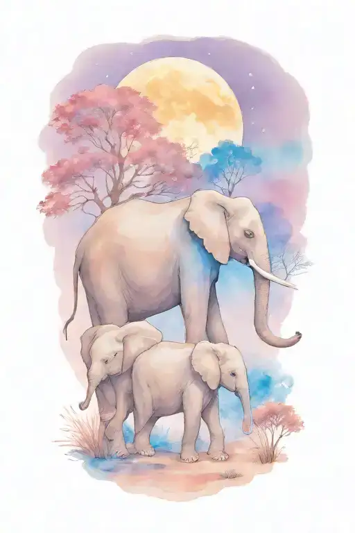 Mother Elephant And Two Kids African Forestry With Large Full Moon And Trees In The Background