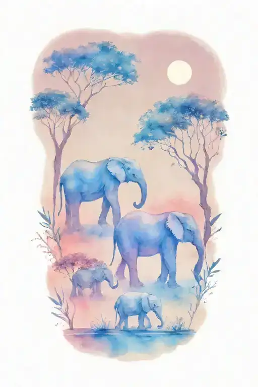 Mother Elephant And Two Kids African Forestry With Large Full Moon And Trees In The Background