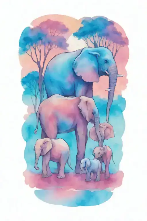 Mother Elephant And Two Kids African Forestry With Large Full Moon And Trees In The Background