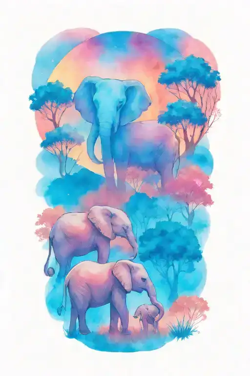 Mother Elephant And Two Kids African Forestry With Large Full Moon And Trees In The Background