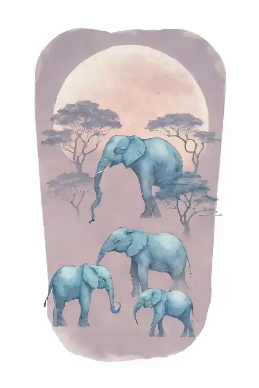 Mother Elephant And Two Kids African Forestry With Large Full Moon And Trees In The Background