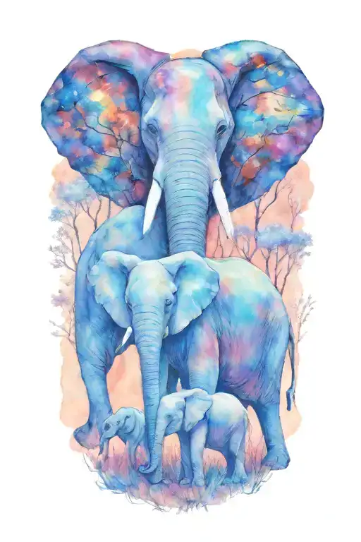 Mother Elephant And Two Kids African Forestry With Large Full Moon And Trees In The Background