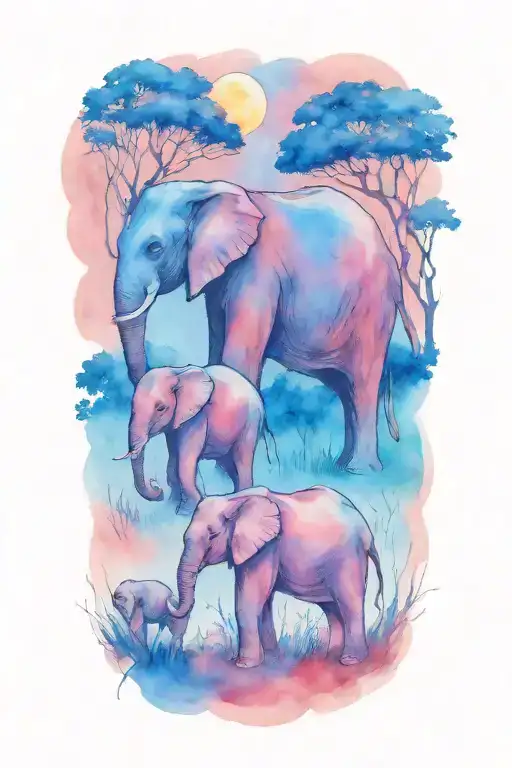 Mother Elephant And Two Kids African Forestry With Large Full Moon And Trees In The Background