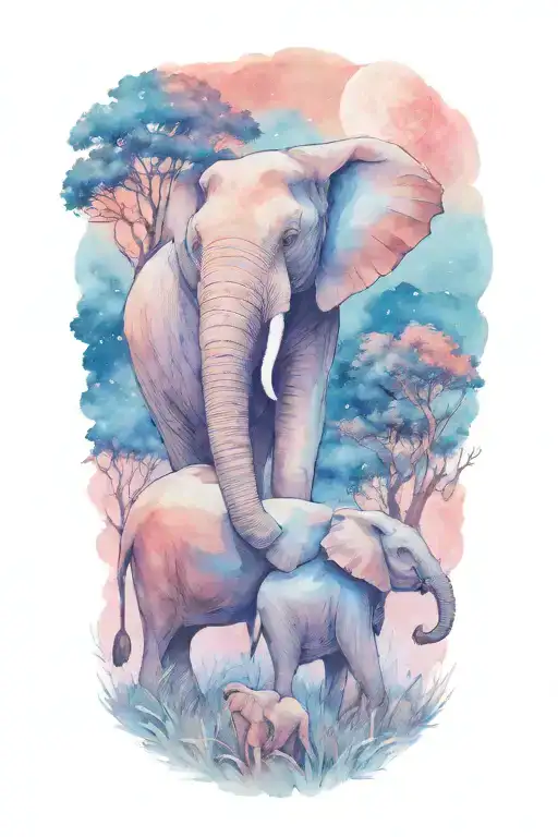 Mother Elephant And Two Kids African Forestry With Large Full Moon And Trees In The Background