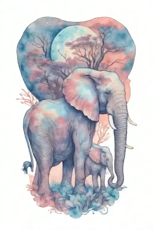 Mother Elephant And Two Kids African Forestry With Large Full Moon And Trees In The Background