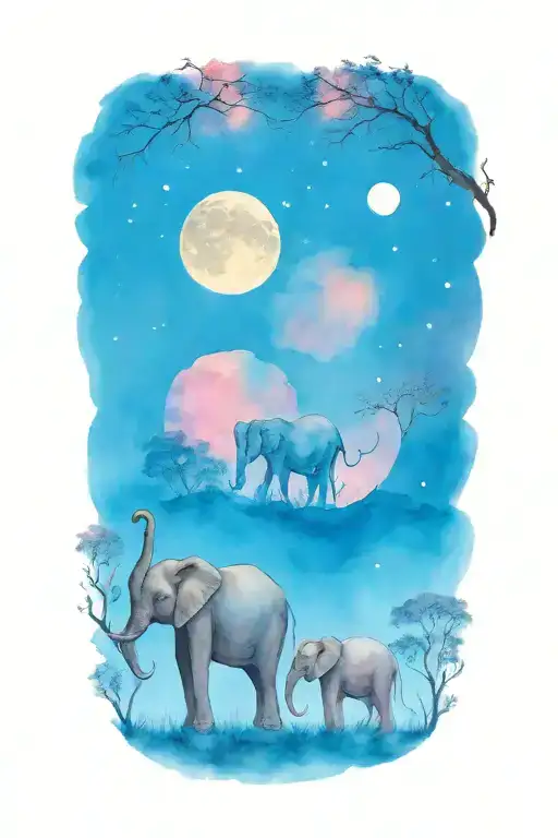 Mother Elephant And Two Kids African Forestry With Large Full Moon And Trees In The Background