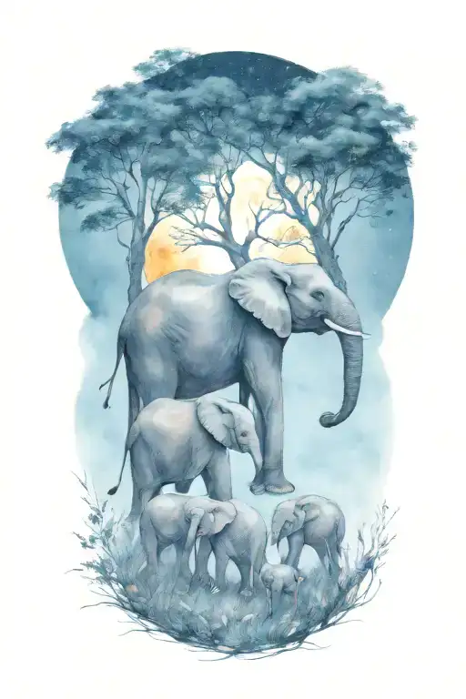 Mother Elephant And Two Kids African Forestry With Large Full Moon And Trees In The Background