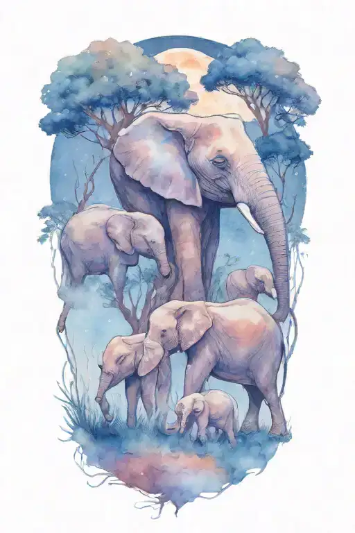 Mother Elephant And Two Kids African Forestry With Large Full Moon And Trees In The Background